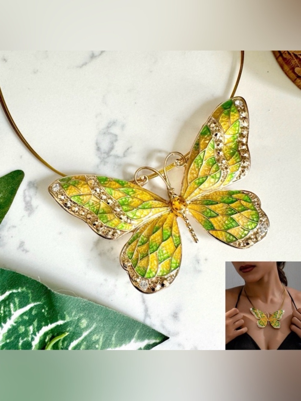 Yellow Enamel Butterfly Necklace Gold Wire Large Statement Jewelry Boho Gift NEW